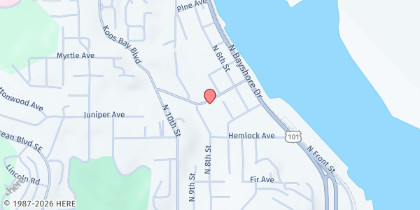 Map showing T.H.E. House Inc. (Bay Area First Step) at 745 Koos Bay Blvd., Coos Bay, OR
