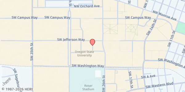 Map showing OSU Food Pantry at 1030 SW Madison, Champinefu Lodge, Corvallis, OR