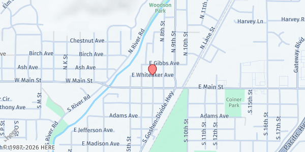 Map showing Cottage Grove Mobile Pantry - Umpqua Bank Parking Lot at North 7th Street & E Whiteaker Ave, Cottage Grove, OR