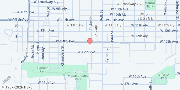Map showing Faith Center at 1410 W 13th Avenue, Eugene, OR