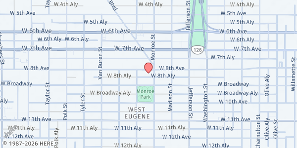 Map showing Hosea Youth Services at 834 Monroe St, Eugene, OR