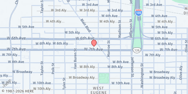 Map showing Looking Glass New Roads at 941 W 7th Ave, Eugene, OR