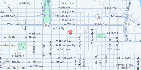 Map showing The Dining Room at 270 W 8th Ave, Eugene, OR