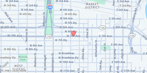 Map showing The Dining Room at 270 West 8th St, Eugene, OR