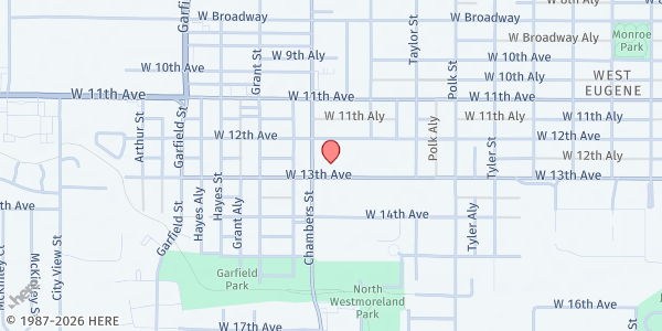 Map showing Unitarian Universalist Church at 1685 W 13th Ave, Eugene, OR