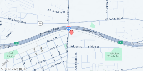 Map showing East County Food Pantry at Smith Memorial Presbyterian Church at 2420 NE Fairview Ave, Fairview, OR