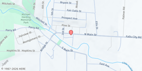 Map showing Falls City Produce Giveaway at 257 N Main St, Falls City, OR