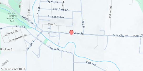 Map showing SDA Falls City Food Bank at 205 N Main St, Falls City, OR