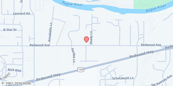 Map showing Redwood Country Church at 1640 Redwood Ave, Grants Pass, OR