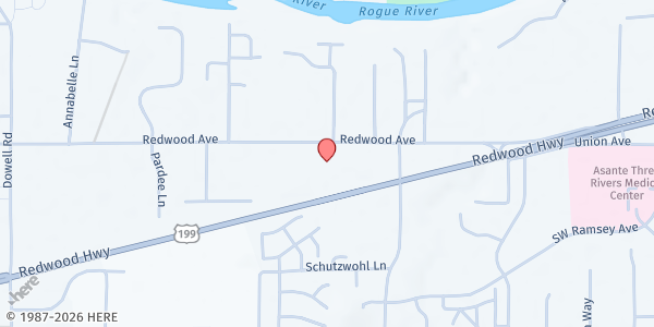 Map showing Salvation Army of Josephine County at 1377 Redwood Avenue, Grants Pass, OR