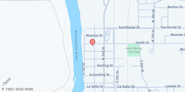 Map showing God's Storehouse at 180 Smith Street, Harrisburg, OR