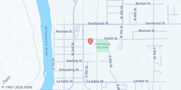 Map showing Harrisburg Harvesters at 490 Smith Street, Harrisburg, OR