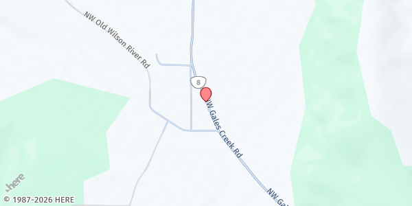 Map showing Gales Creek Community Church at 9170 NW Sargent Road, Hillside, OR