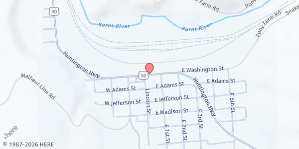 Map showing Huntington Food Bank at 25 Washington Street East, Huntington, OR