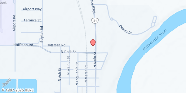 Map showing Ella Curran Food Bank at 870 N Main Street, Independence, OR