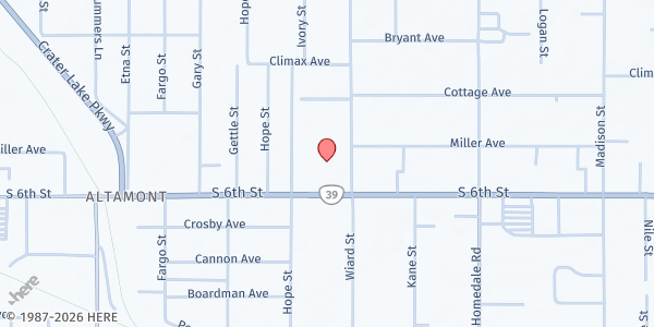 Map showing Bible Baptist Church at 4849 S 6th St, Klamath Falls, OR