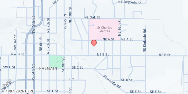 Map showing Madras Community Free Food Market at 49 NE 12th Street, Madras, OR