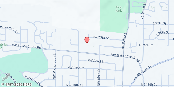 Map showing Baker Creek Community Church Food Bank at 325 NW Baker Creek Road, McMinnville, OR