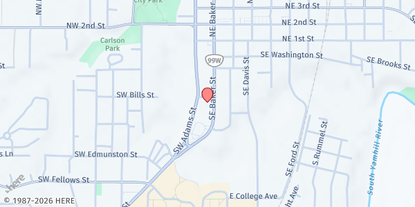 Map showing SVDP McMinnville at 435 SE Baker Street, McMinnville, OR