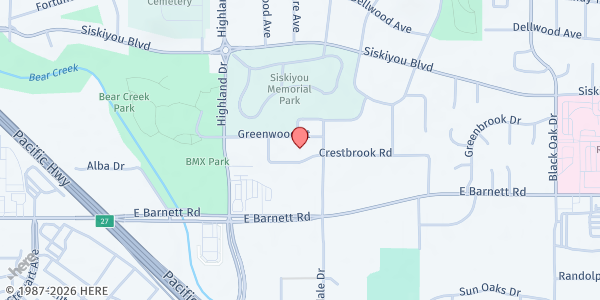 Map showing SDA Medford Community Services at 1900 Greenwood St, Medford, OR