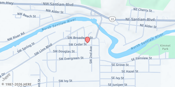 Map showing Mill City/Gates Community Assistance Center at 255 SW Cedar St, Mill City, OR