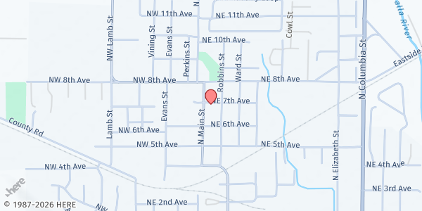 Map showing The Bread Basket at 8 NE 7th Avenue, Milton-Freewater, OR
