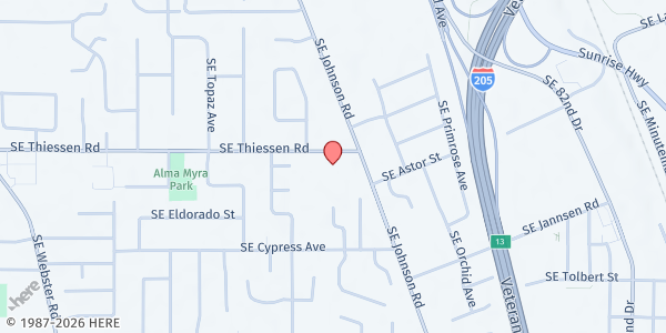 Map showing Clackamas Park Friends Church Free Food Market at 8120 SE Thiessen Rd, Milwaukie, OR