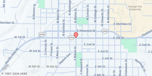 Map showing George Fox University Bruin Community Pantry at 501 Villa Rd, Newberg, OR