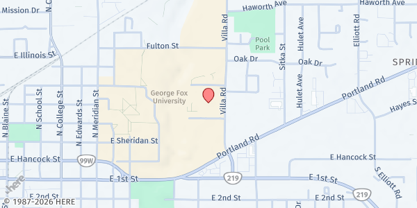 Map showing George Fox University Bruin Community Pantry - Roberts Center at 501 N Villa Rd, Roberts Center Room 110, Newberg, OR