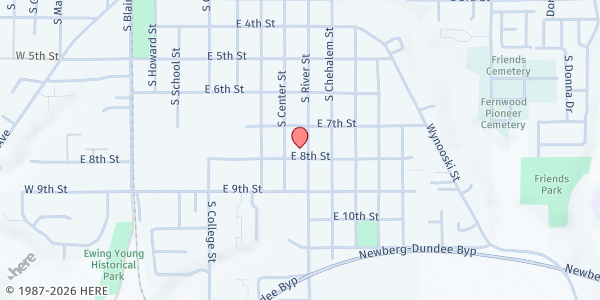 Map showing River Street Church at 715 S River St, Newberg, OR