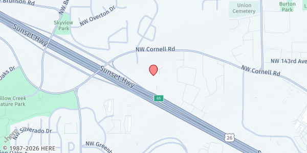 Map showing Sunset Presbyterian Church - Helping Hands at 14986 NW Cornell Rd, Oak Hills, OR