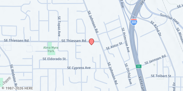 Map showing Clackamas Park Friends Church Free Food Market at 8120 SE Thiessen Rd, Oatfield, OR