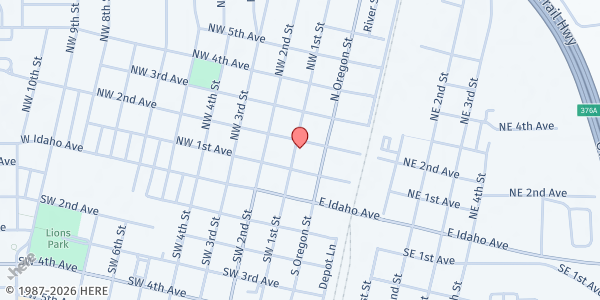 Map showing Next Chapter - First Christian at 180 NW 1st Street, Ontario, OR