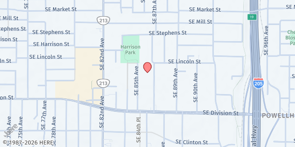 Map showing Harrison Park Middle School at 2225 SE 87th Ave, Portland, OR