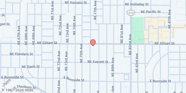 Map showing Highland Christian Center at 7600 NE Glisan St, Portland, OR