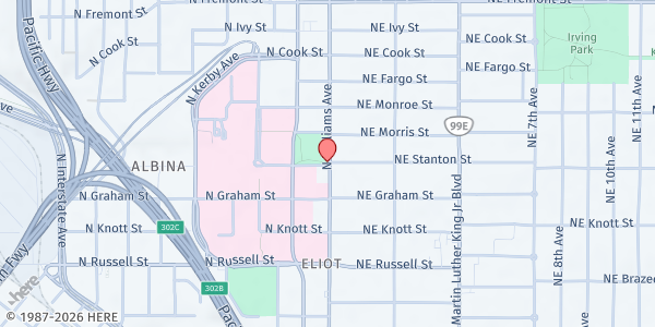 Map showing Mainspring Monthly Mobile Destination Food Pantry - Dawson at 1 N Stanton St., Portland, OR