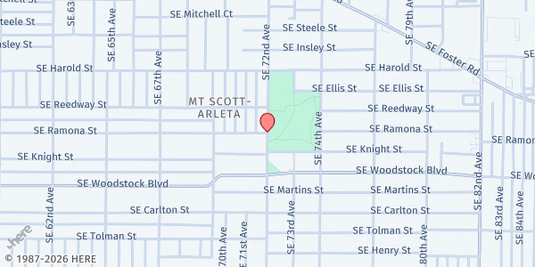 Map showing Mt. Scott Park at SE 72nd Ave. & SE Harold St., Portland, OR