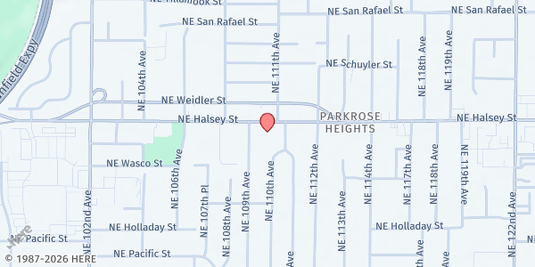 Map showing Portland Adventist Community Services at 11020 NE Halsey St, Portland, OR