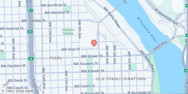 Map showing Potluck in the Park - Hawthorne Bridge Site at Under the Hawthorne Bridge Site is on NW Glisan between 8th Ave and Park Ave, one block west of Broadway and one block south of the Main Post Office, Portland, OR