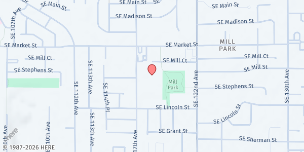 Map showing School Pantry at Mill Park at 1900 SE 117th Ave., Portland, OR