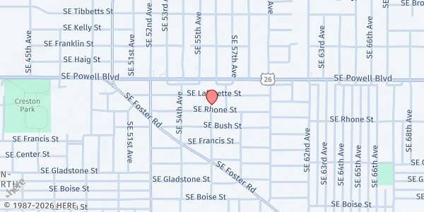 Map showing Southeast Community Food Pantry at 5535 SE Rhone Street, Portland, OR