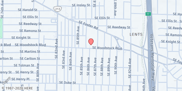 Map showing St. Vincent de Paul St. Patrick's at 8623 SE Woodstock, Portland, OR