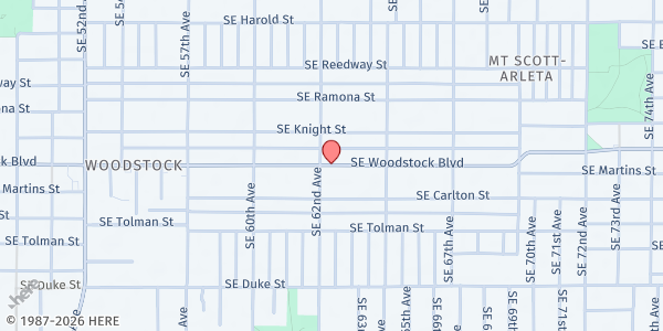 Map showing SVDP Our Lady of Sorrows at Woodstock Area, Portland, OR