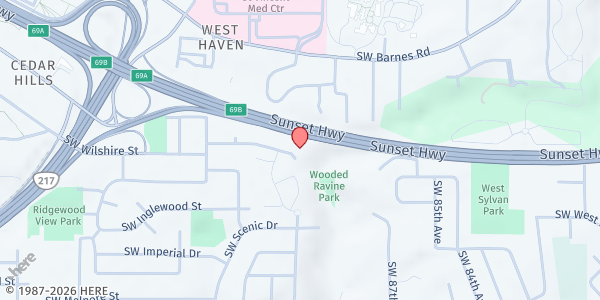 Map showing Tualatin Valley Gleaners Distribution Site at 9100 Sw Wilshire St, Portland, OR