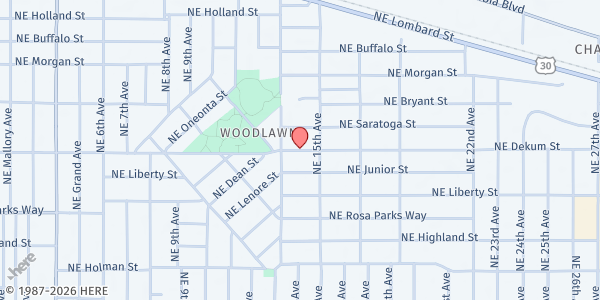 Map showing Woodlawn Park at 6854 NE Claremont Ave., Portland, OR