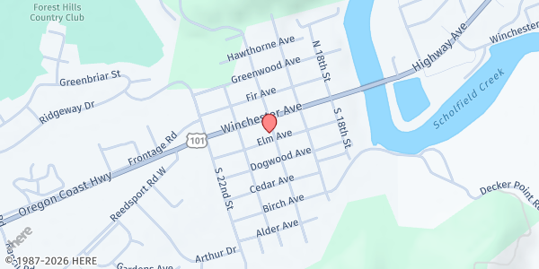 Map showing Project Blessing Food Bank at 150 S 20th Street, Reedsport, OR