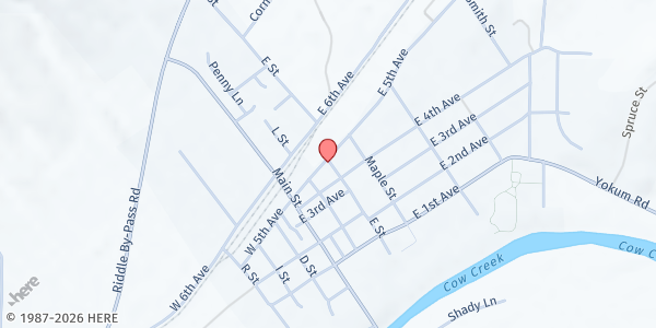 Map showing South Douglas Food Bank at 420 E Street, Riddle, OR