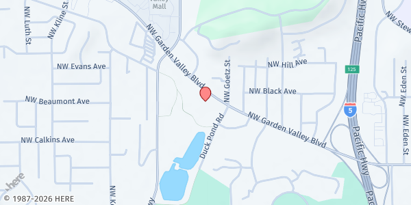 Map showing SDA Roseburg Community Services at 1109 NW Garden Valley Blvd, Roseburg, OR