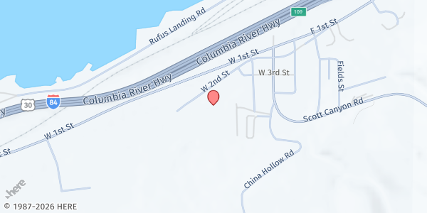 Map showing Rufus Food Pantry at 304 W 2nd Street, Rufus, OR