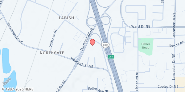 Map showing New Harvest Church Food Pantry at 4290 Portland Road NE, Salem, OR
